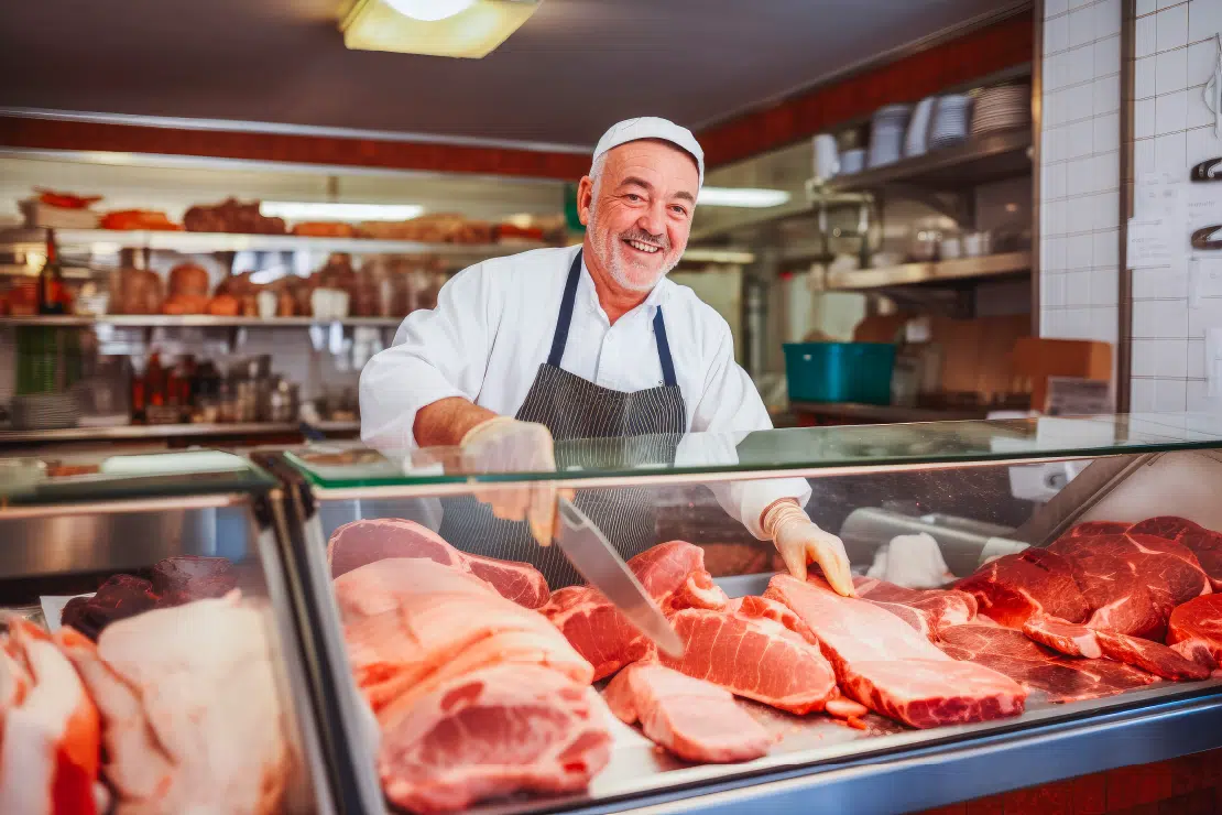 A butcher at the counter of a refrigerated meat display